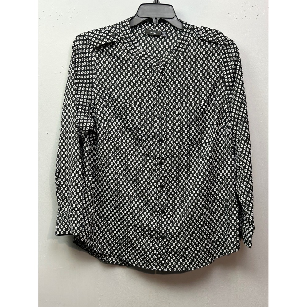 Apt 9 Womens‎ 0X Button Up Shirt Blouse Black White Geometric Long Sleeve